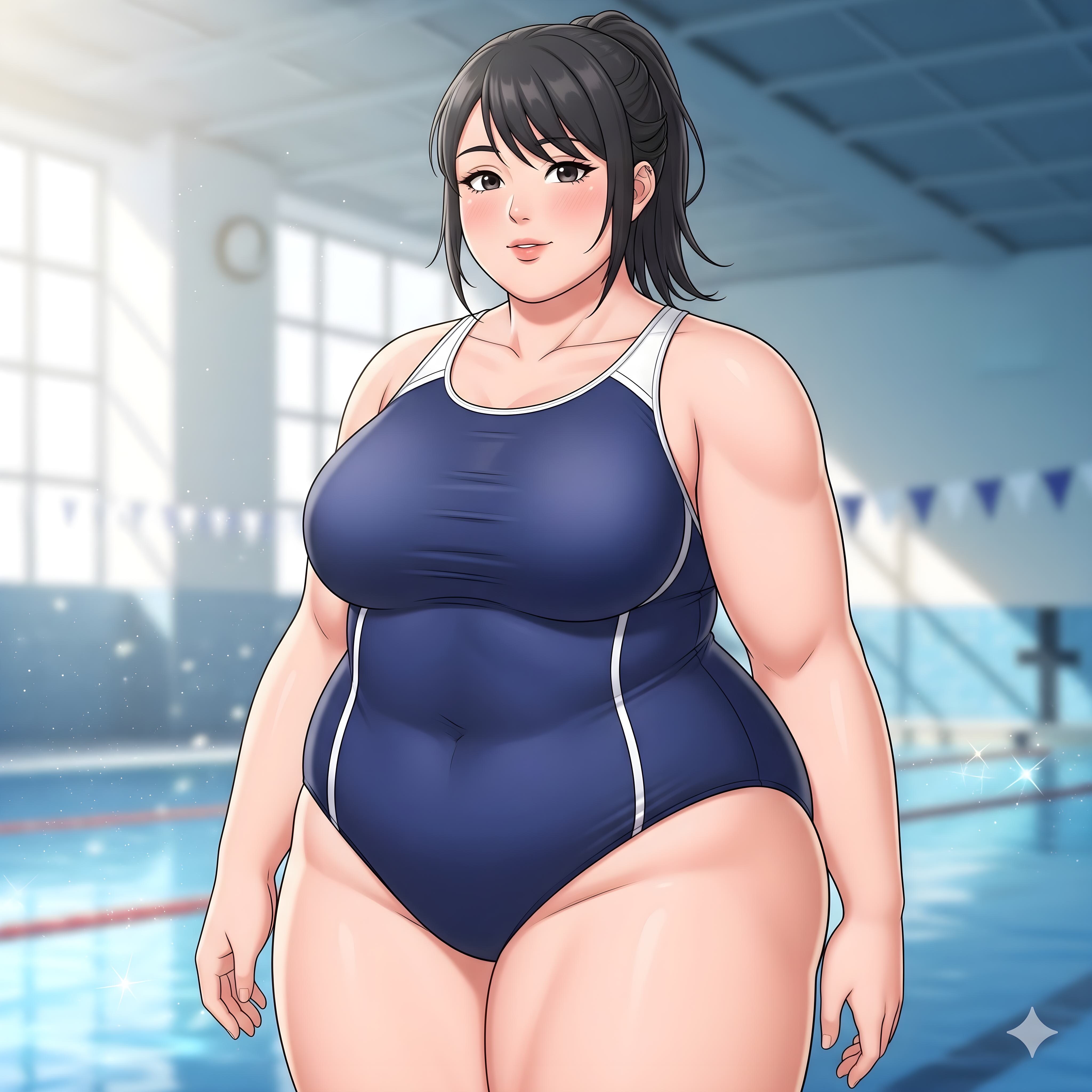 ぽっちゃり体型×スクール水着×室内プール場
