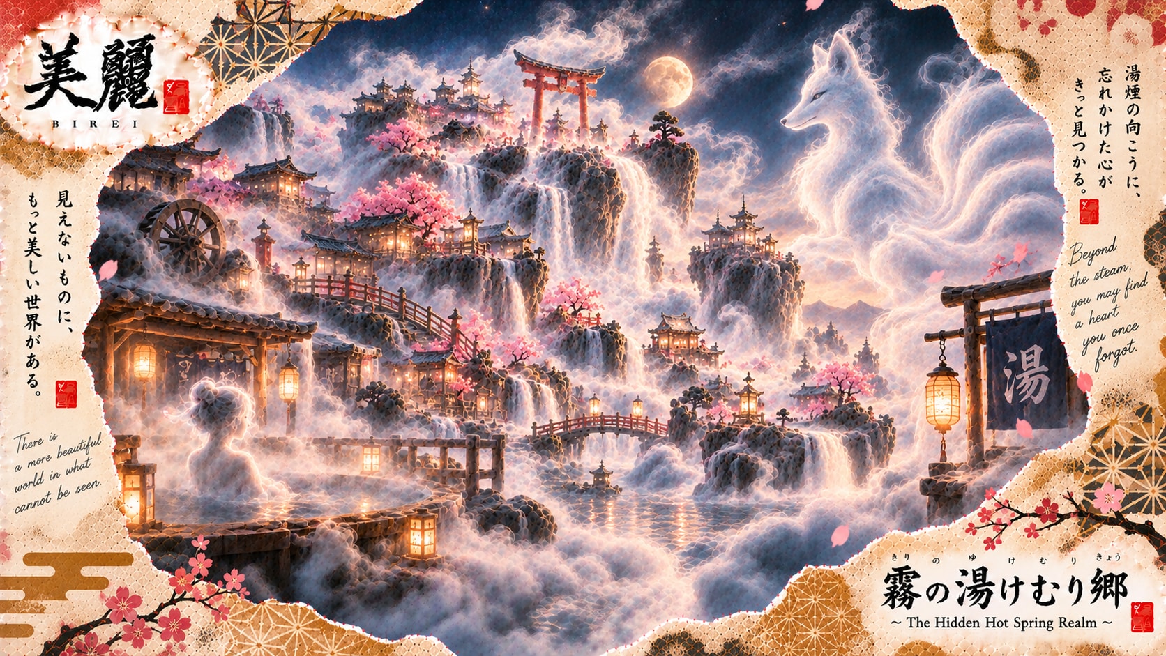 Mystic Onsen Realm: The Hidden Steam and Spirit Fox  Enveloped in swirling steam and warm, soft lant | の人気AIイラスト・グラビア