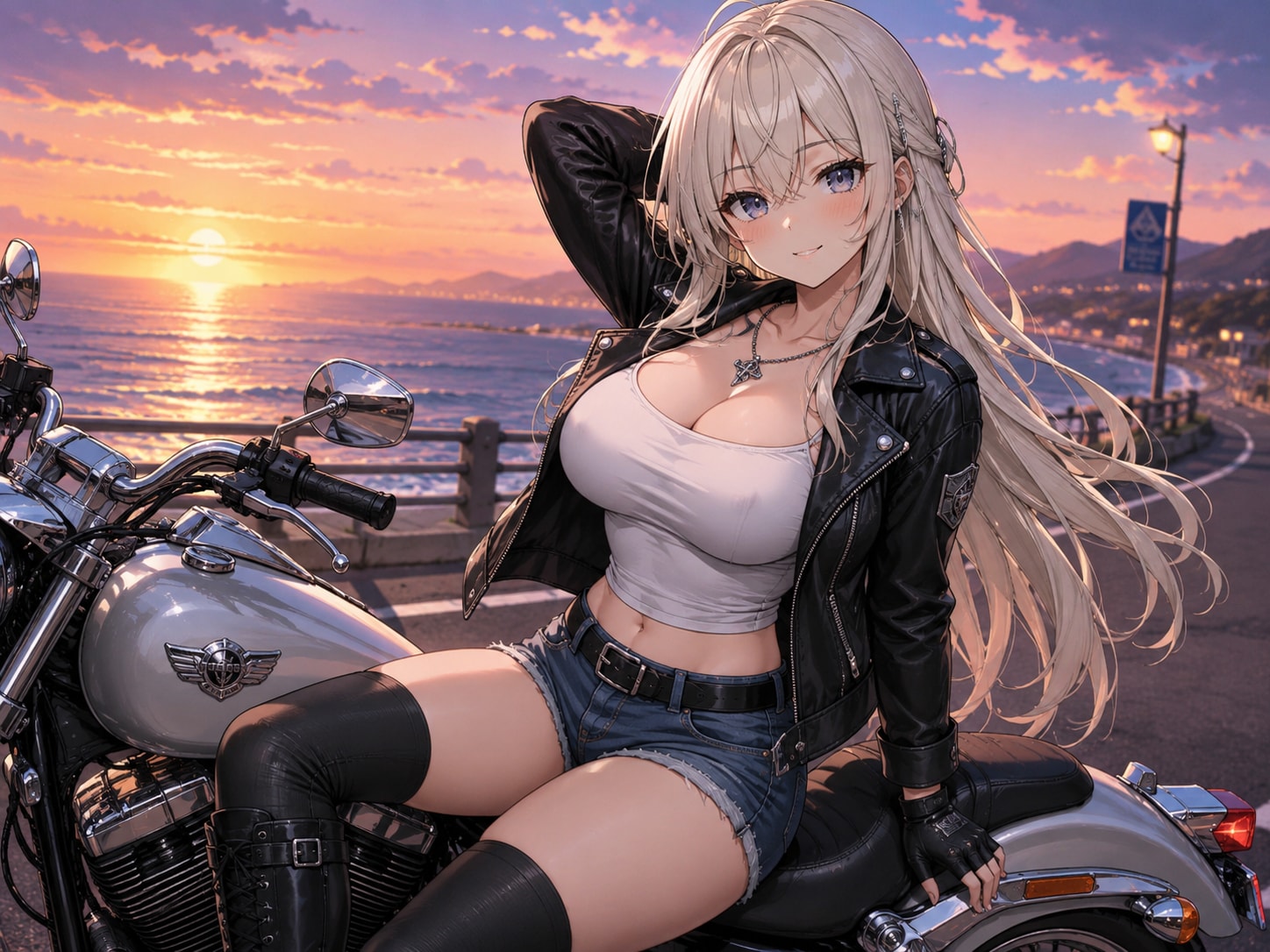 夕日とバイクとお姉さん