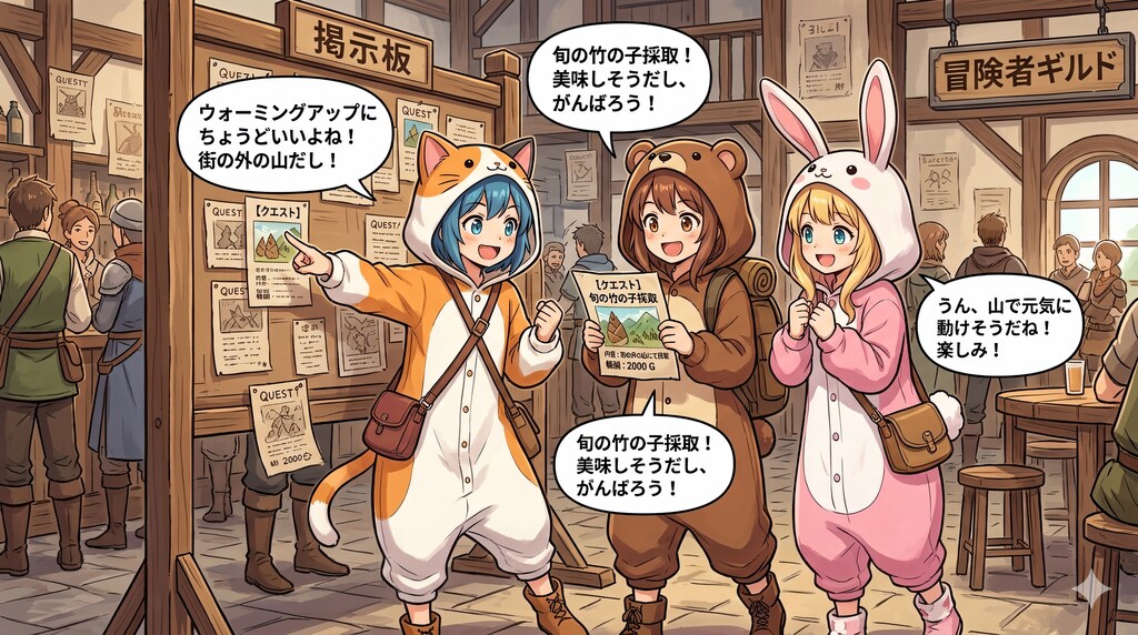 【All0509b】冒険者ギルドのクエスト掲示板で、旬の竹の子を採取するクエストを受けることにした。（NanoBanana2）