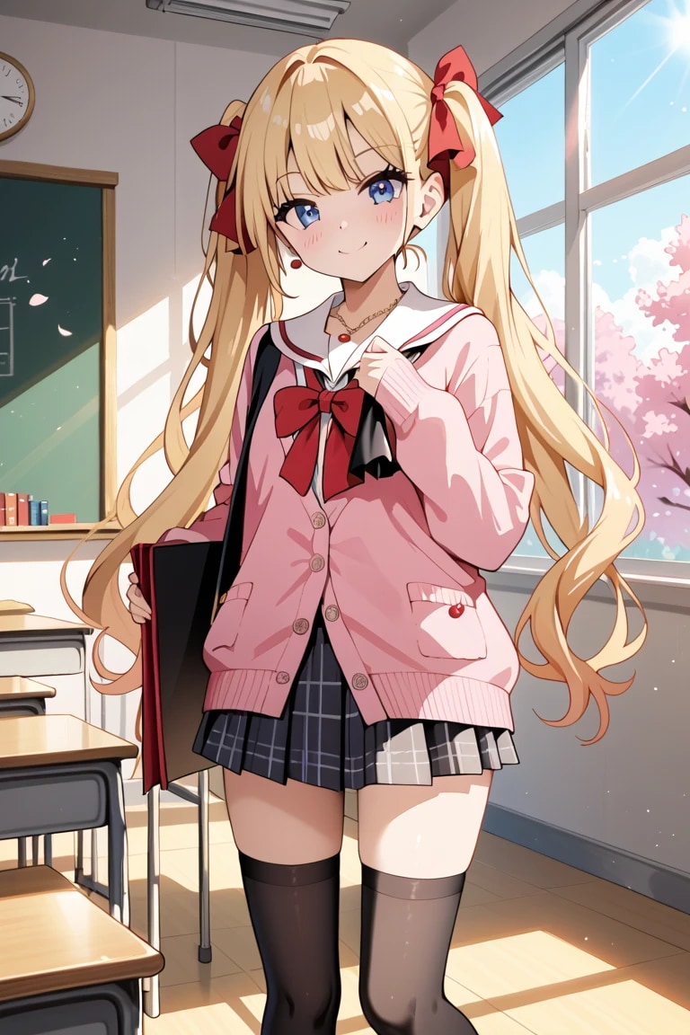 「待っててね❤️」金髪ツインテJKの教室で桜と一緒に🌸😊