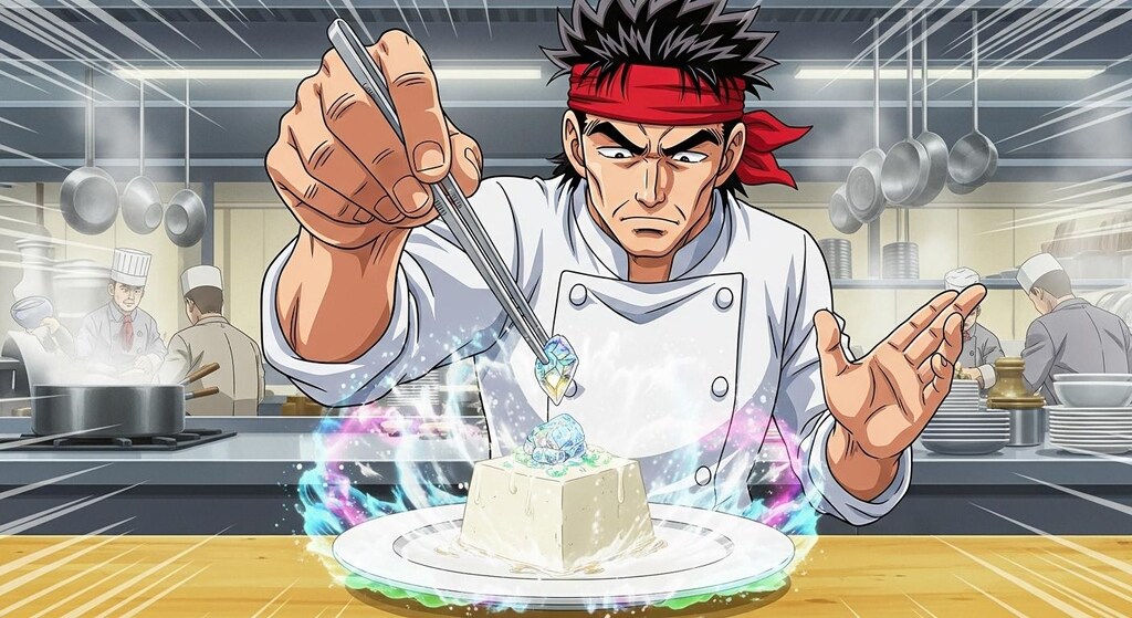 伝説の料理人が何かを乗せる