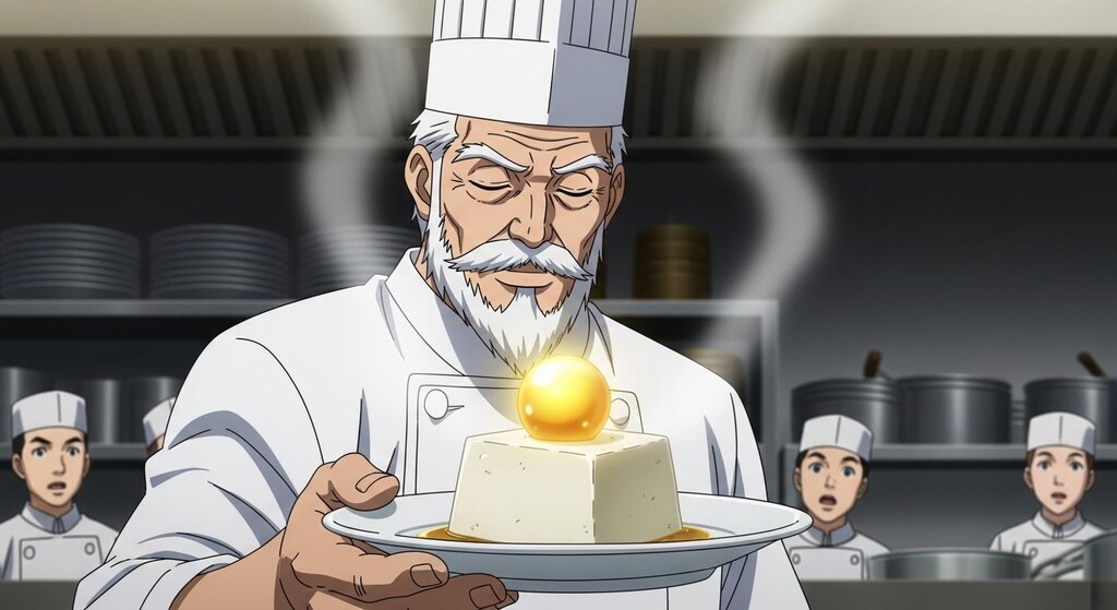 伝説の料理人が何かを乗せる