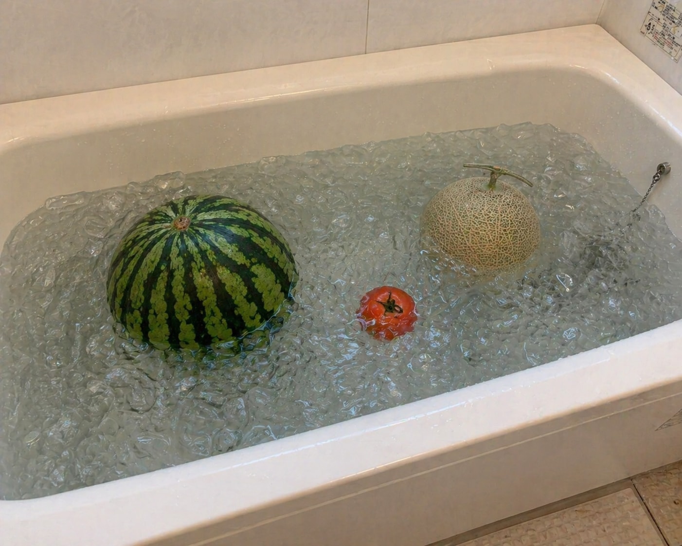 氷風呂にスイカとトマトとメロン