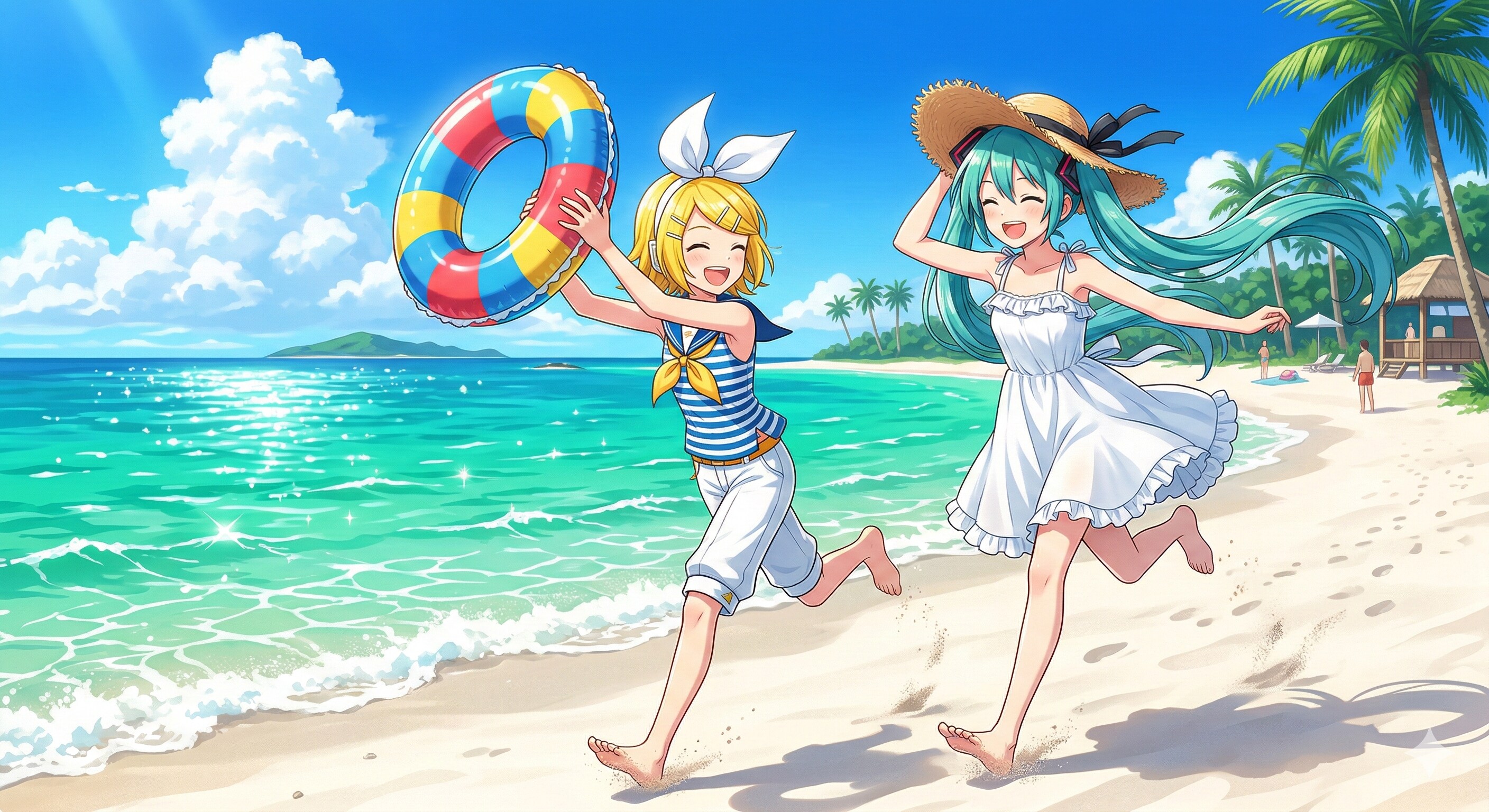 沖縄旅行する ミクさんとリンさん | の人気AIイラスト・グラビア