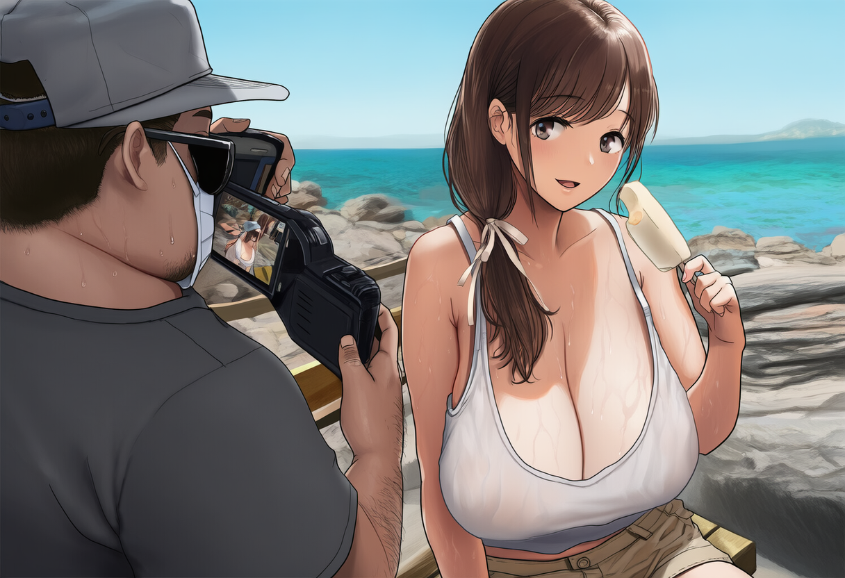 アイスを食べている女性を撮影するサングラス男