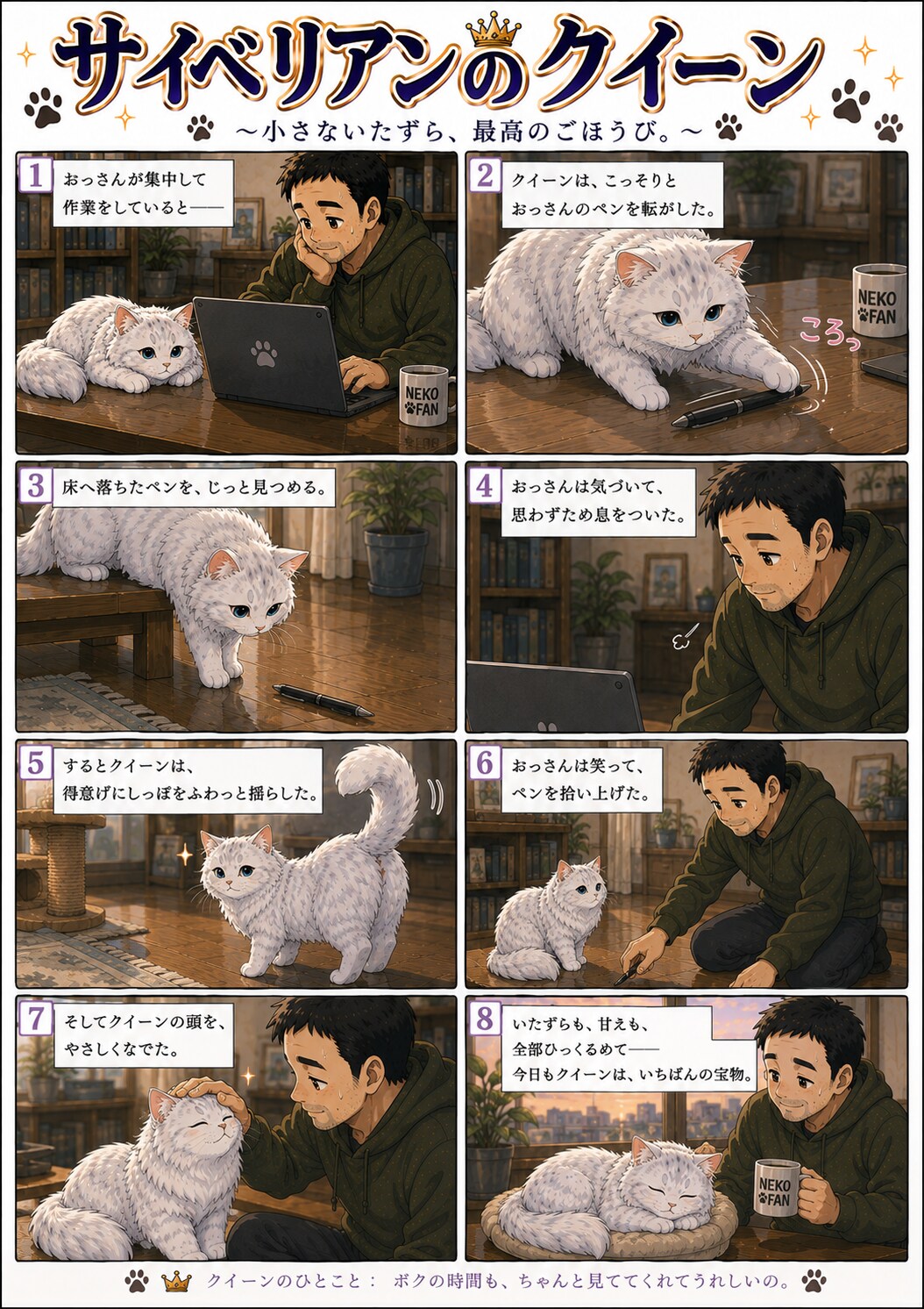 猫漫画コンテンツ6シリーズ 猫漫画6シリーズを投稿しています。  サイベリアンのクィーン 小さないたずら、最高のごほうび。  ちびキャラ ベビークイーン おてては濡らしたくないの  クイーンと無職のお