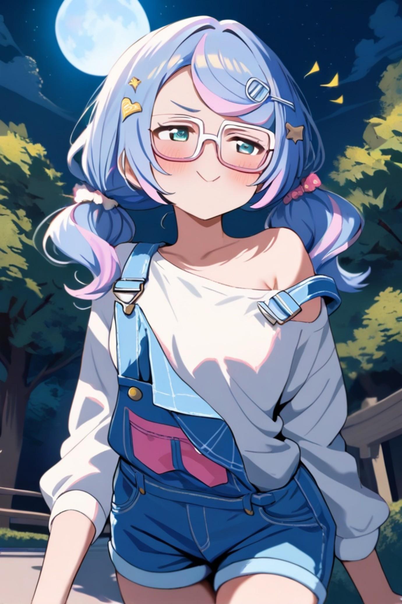 月と眼鏡の青髪ちゃん | の人気AIイラスト・グラビア