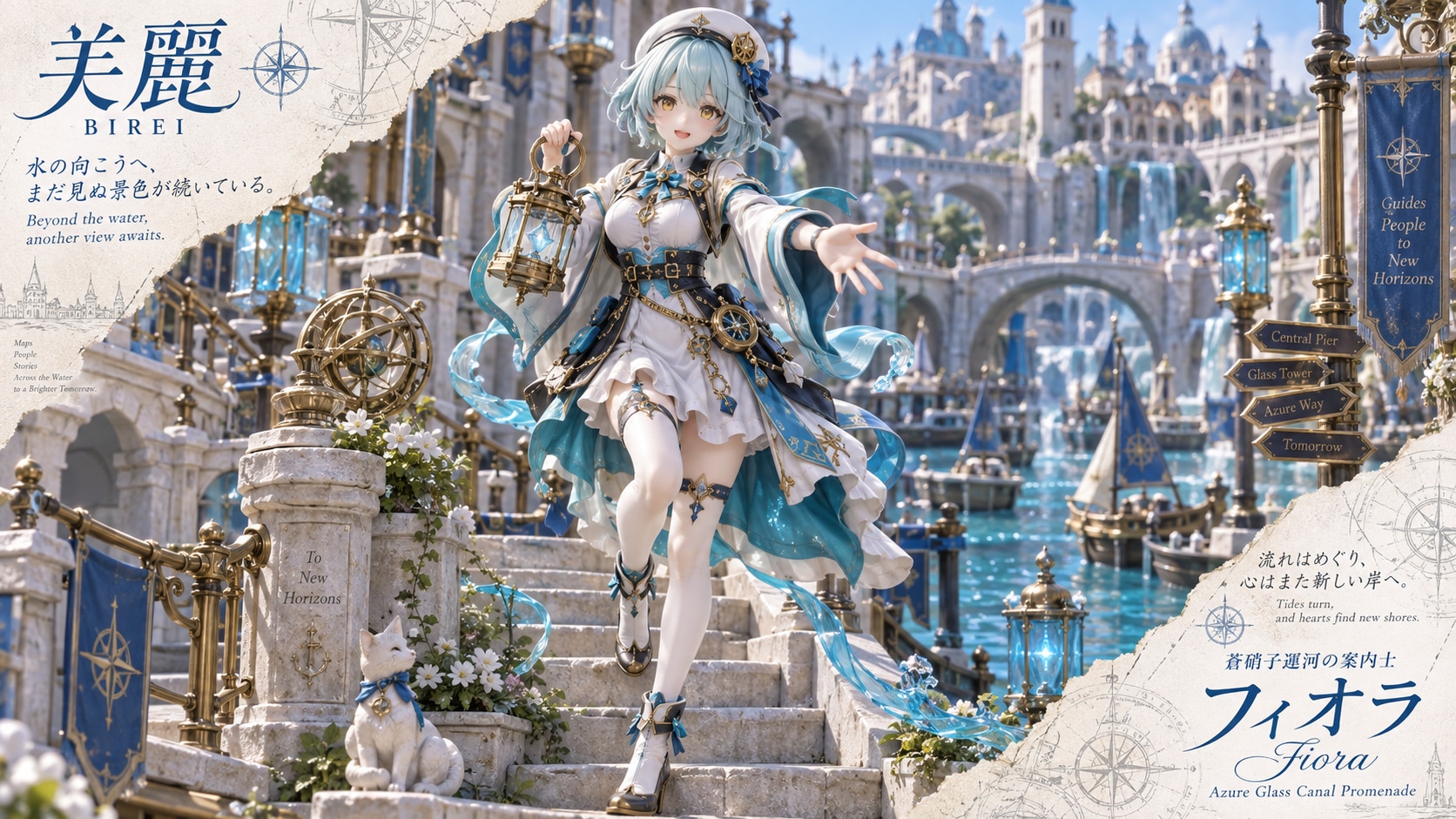 Fiora — Guide of the Azure Glass Canals  Beyond the water, another view awaits.  At the edge of the | の人気AIイラスト・グラビア