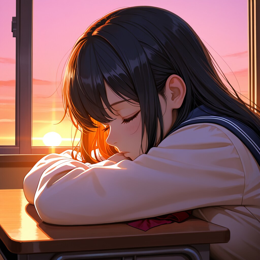 夕暮れの教室で眠る女子高生・1