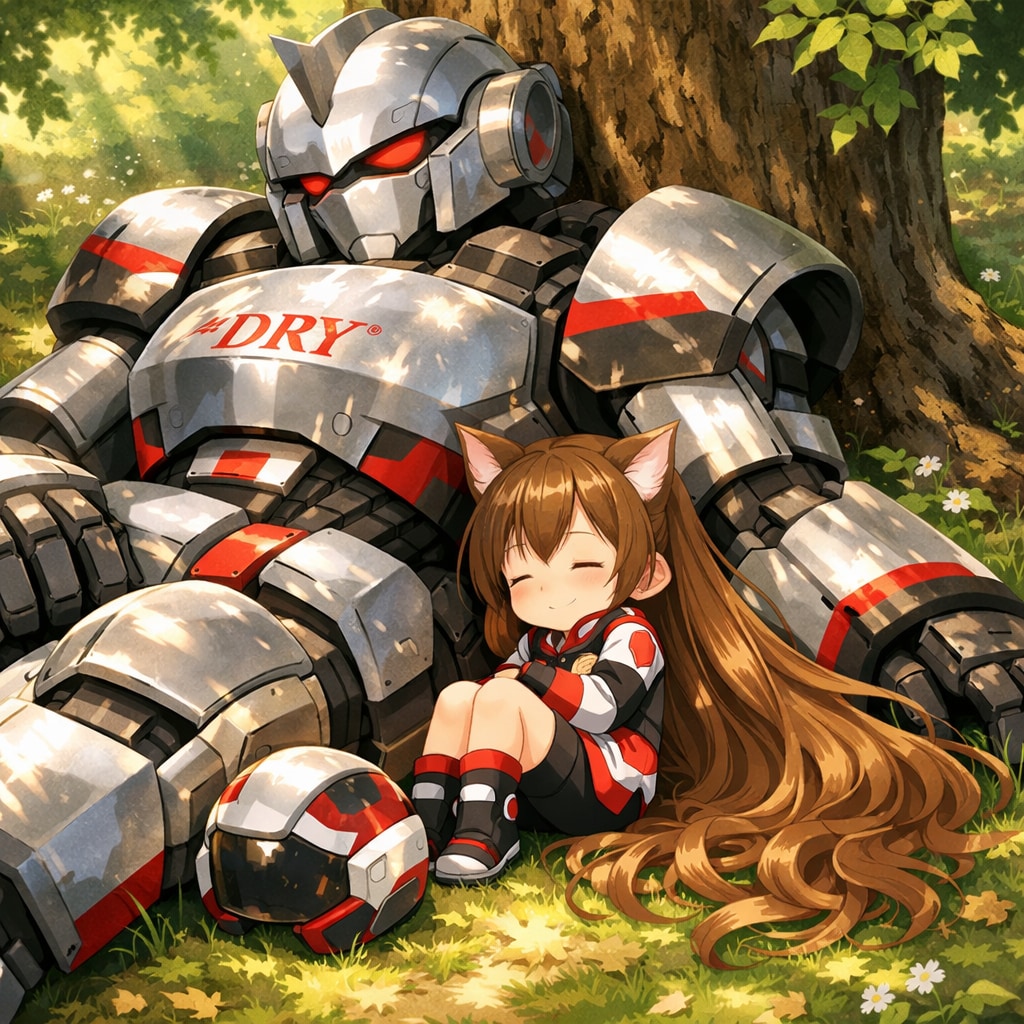 ロボットと添い寝するパイロットの小さな女の子