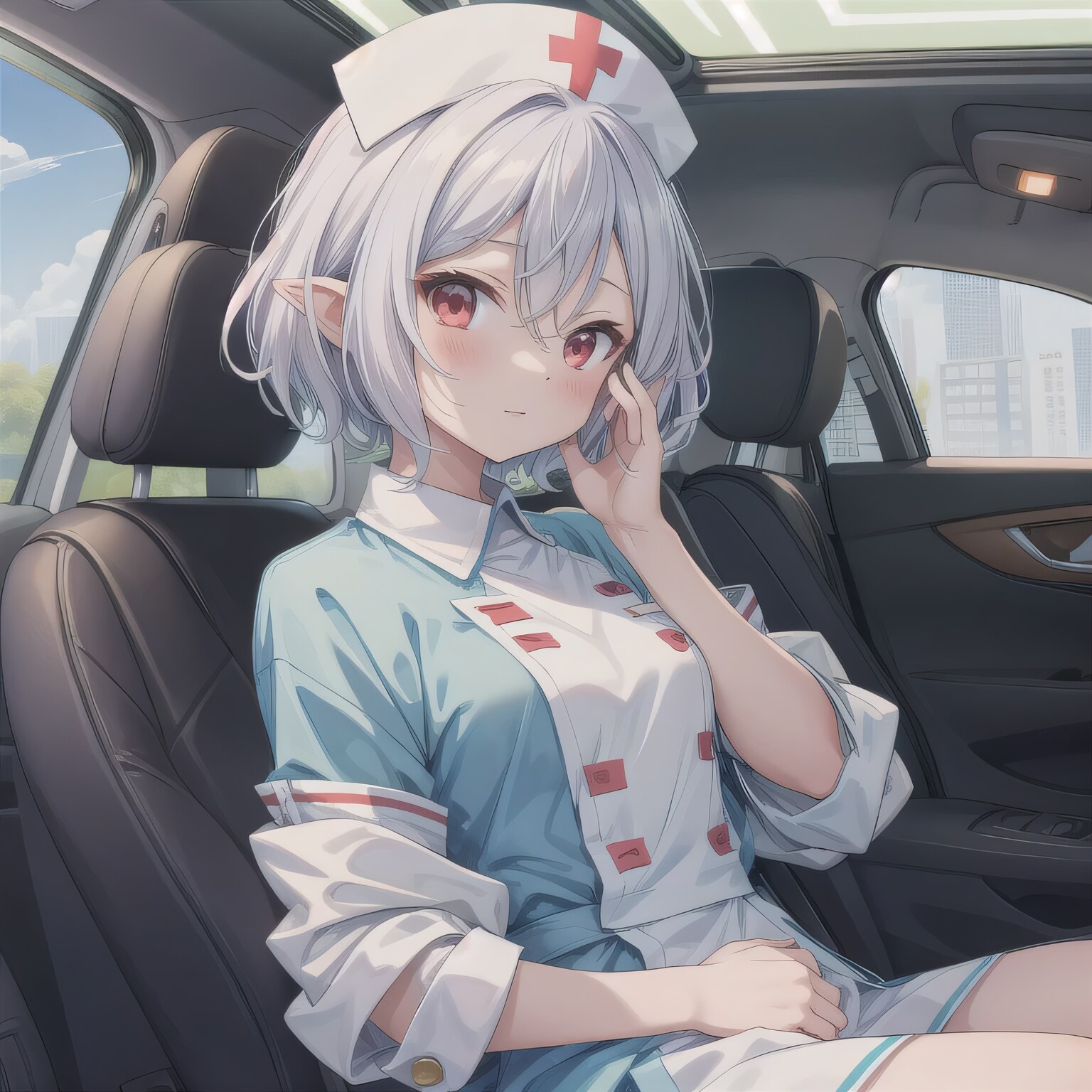 白髪ボブで車内の少女２ | の人気AIイラスト・グラビア