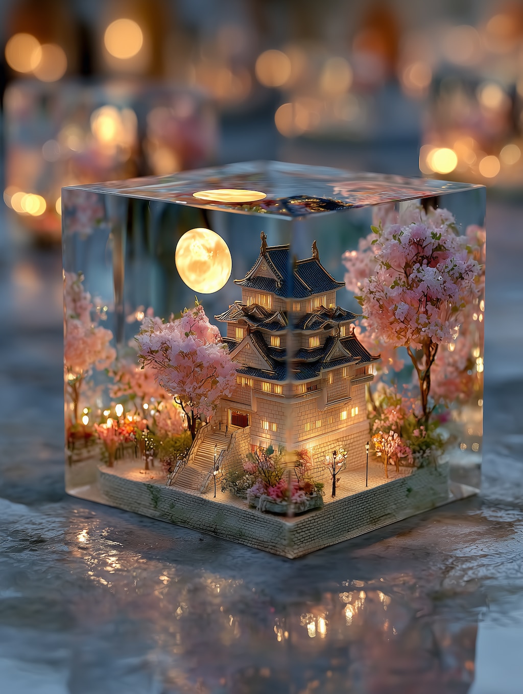 桜と城をジオラマに