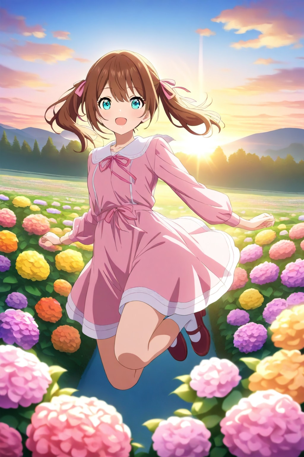 朝焼けのお花畑でジャンプ