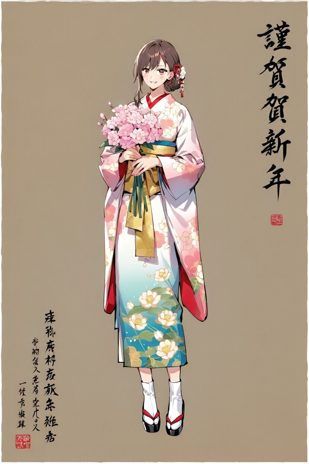 「華美な15歳の花魁行脚」の全身写真、日本画