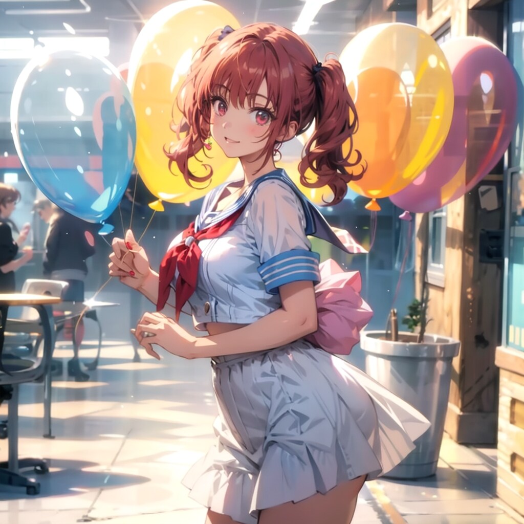 いっぱい色とりどりの風船を持つ赤い髪ツインテールのセーラー服着た美少女