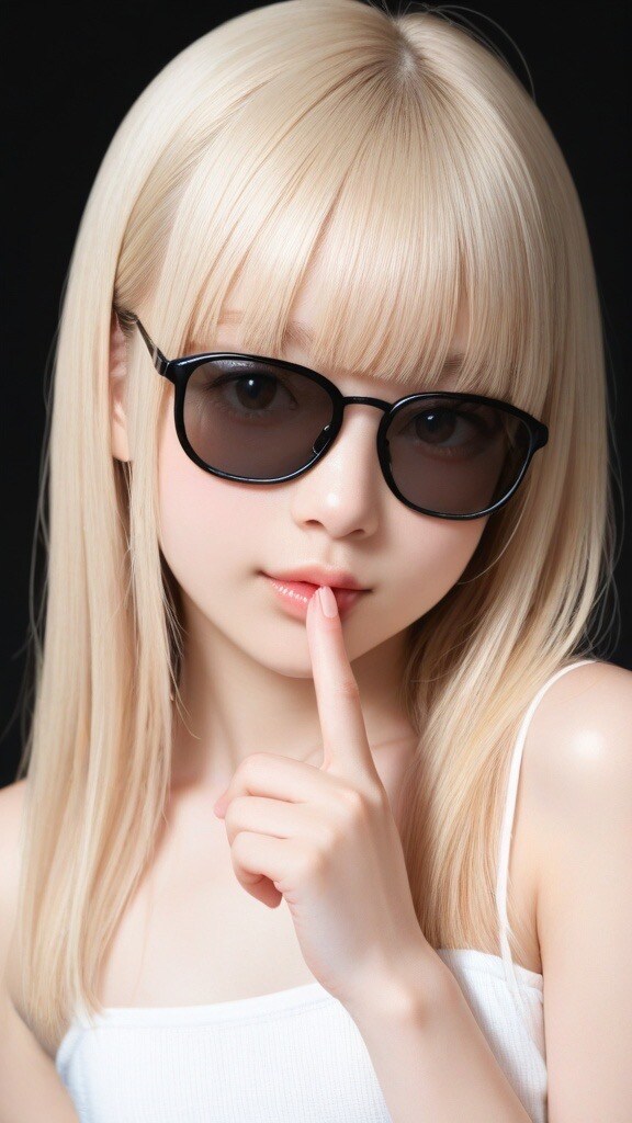 sunglasses, finger to mouth,