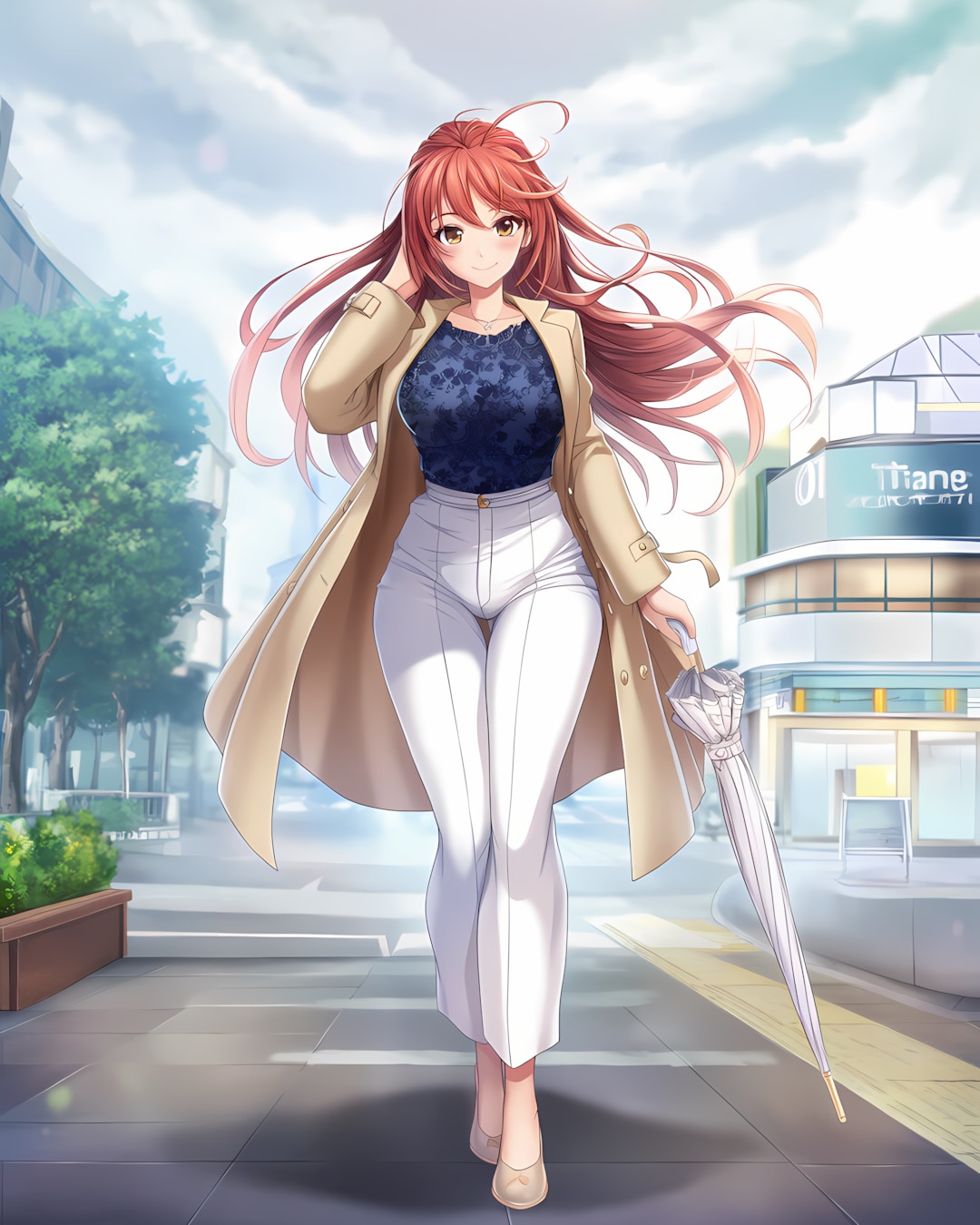 ☔曇り空の通勤経路🌂トレンチコートのOLコーデ✨ | の人気AIイラスト・グラビア