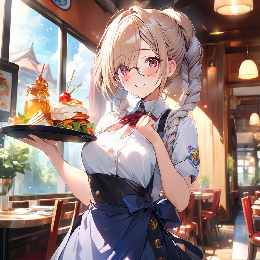 眼鏡三つ編みウェイトレスさん