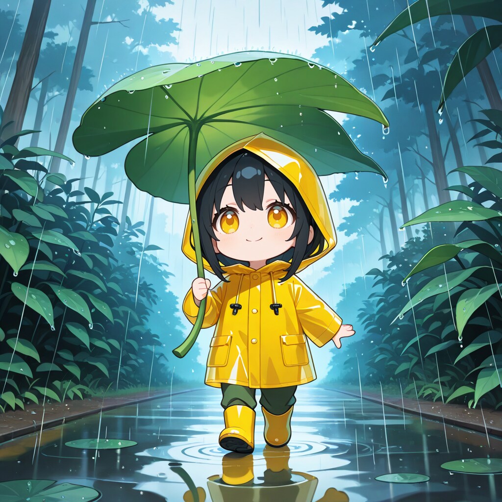 カッパと葉っぱの傘で雨の中を歩くミニお嬢さん