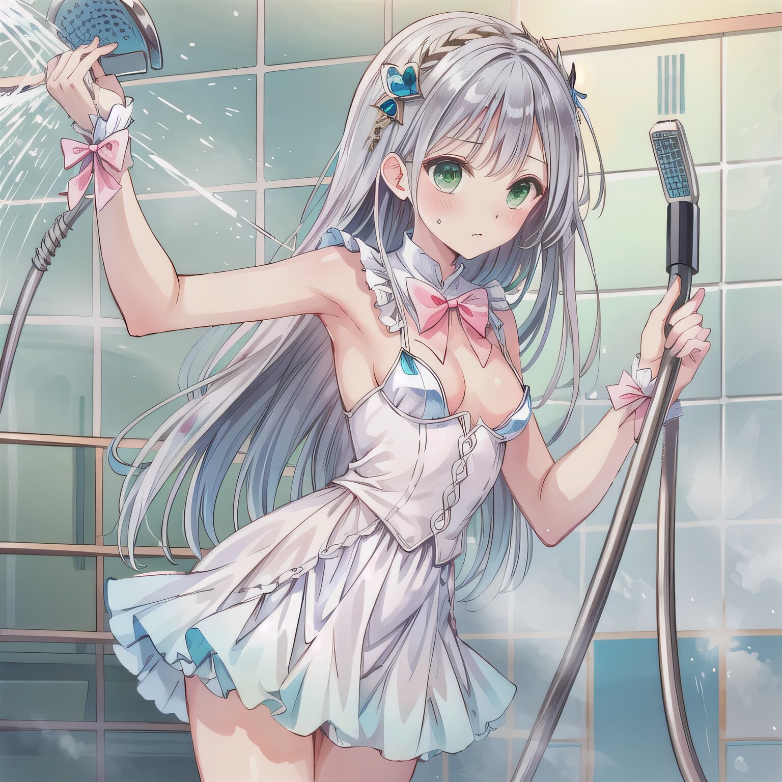 銀髪ロングでシャワーの少女３ | の人気AIイラスト・グラビア