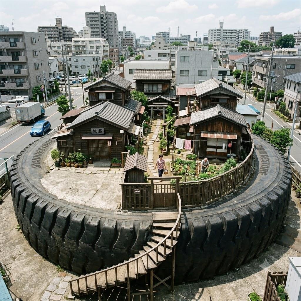 タイヤの上の家々など