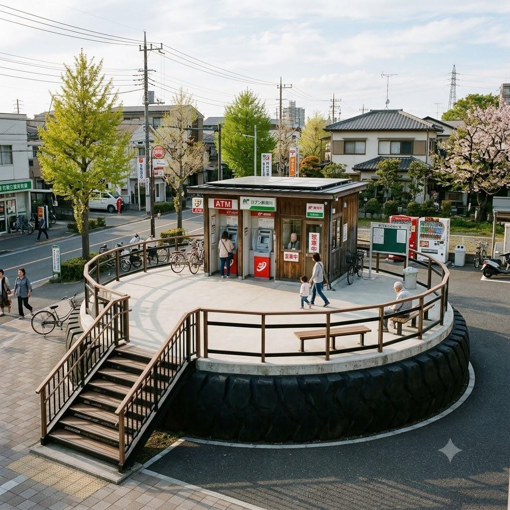 タイヤの上の家々など