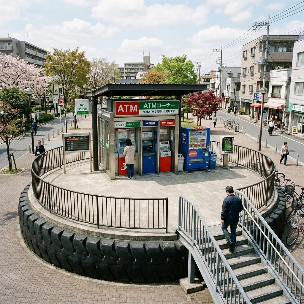 タイヤの上の家々など