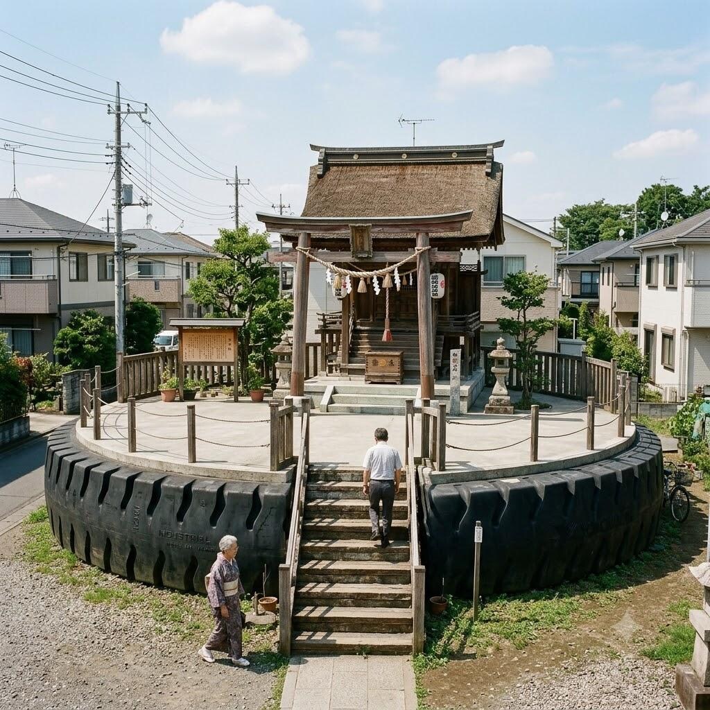 タイヤの上の家々など