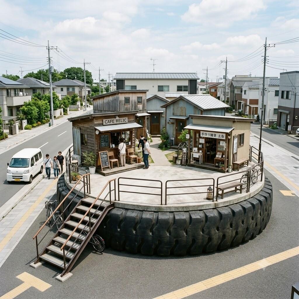 タイヤの上の家々など