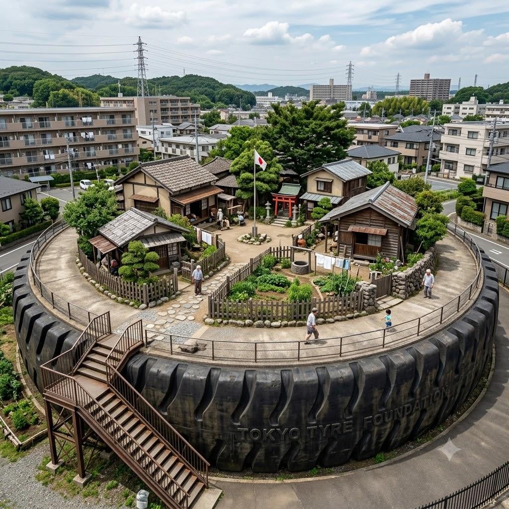 タイヤの上の家々など