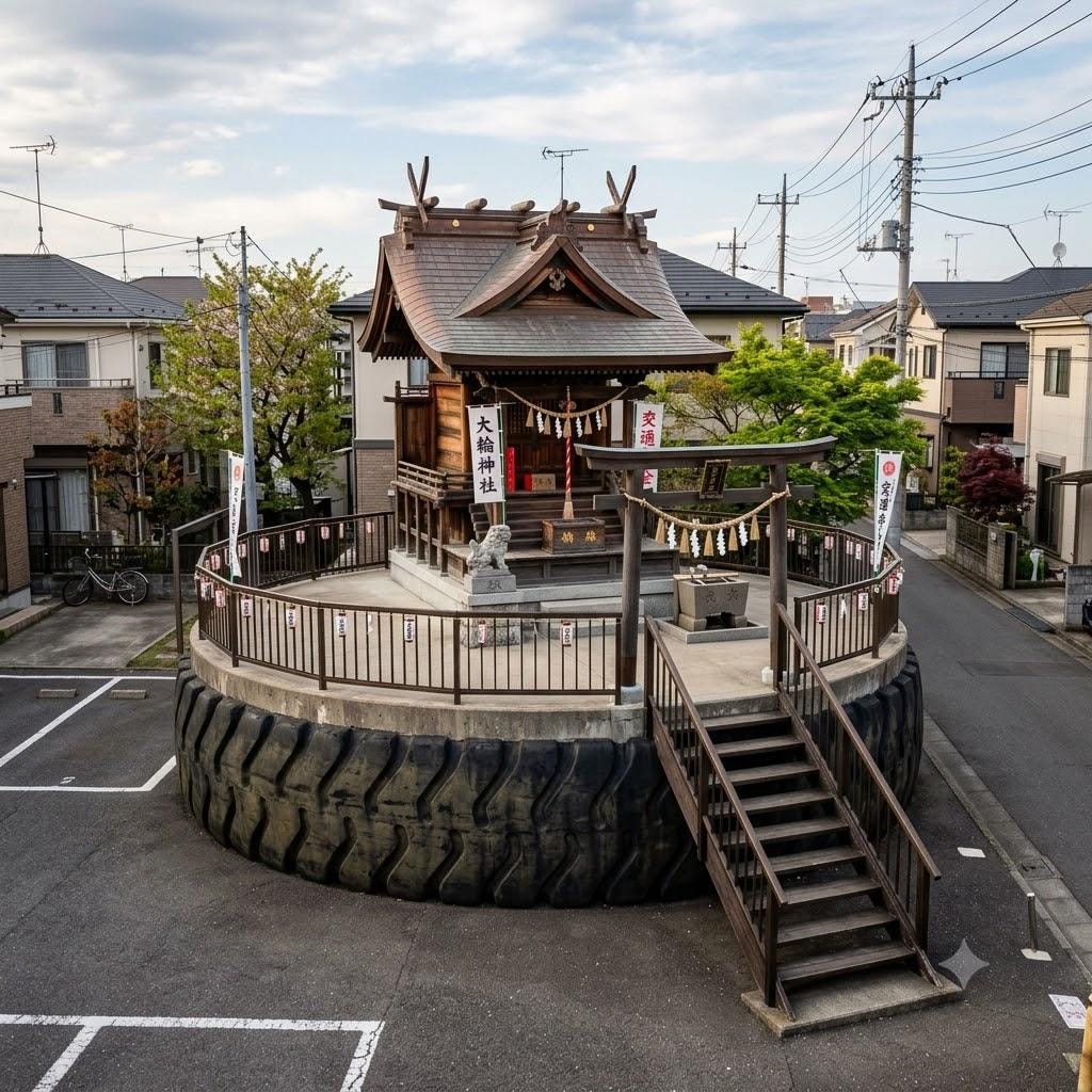 タイヤの上の家々など