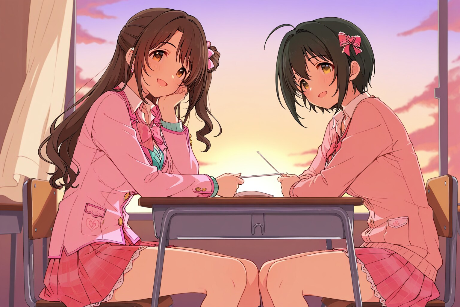 夕暮れの教室で向かい合って座る小日向美穂と島村卯月