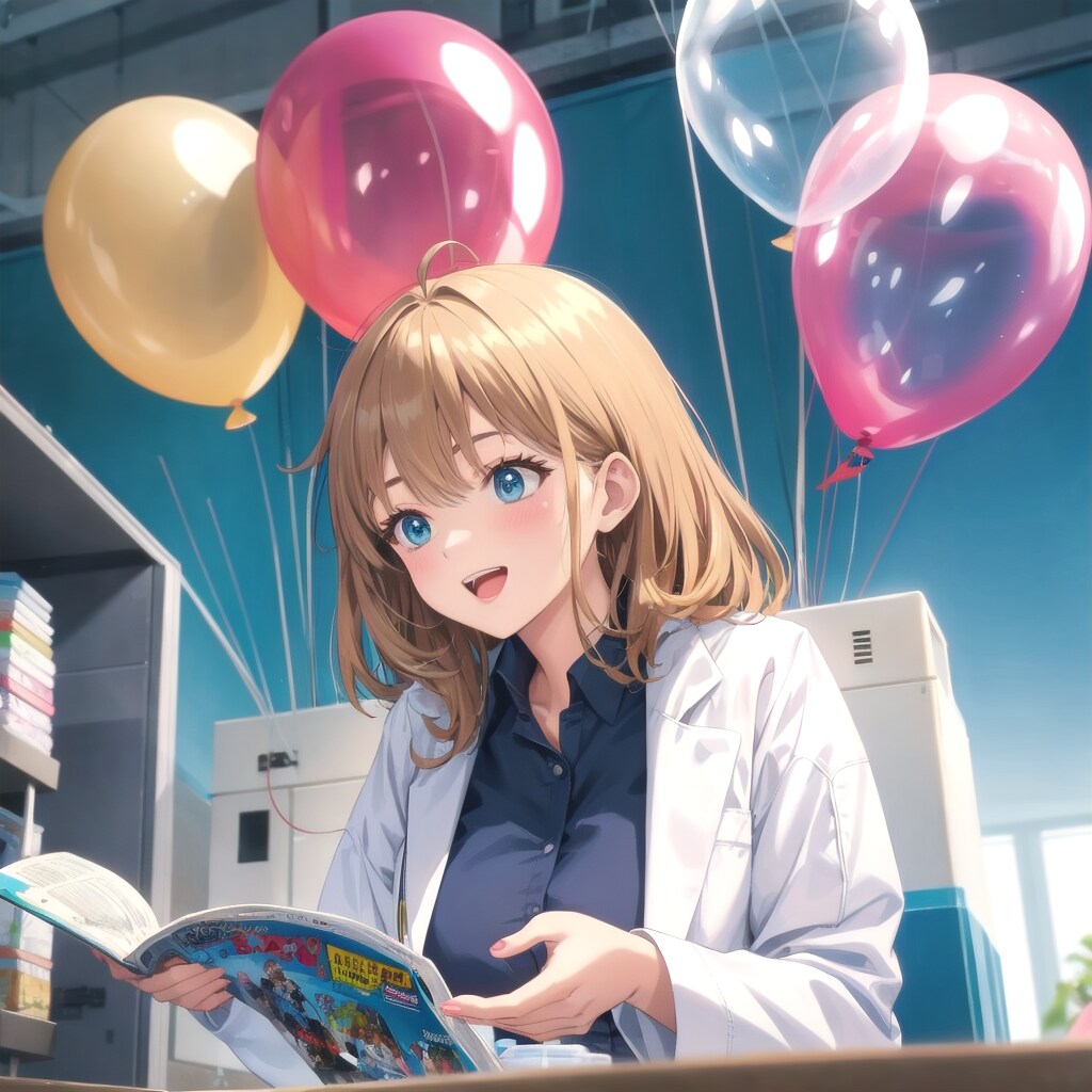 実験室で漫画を読みつつ風船を膨らませる白衣の美女 | の人気AIイラスト・グラビア
