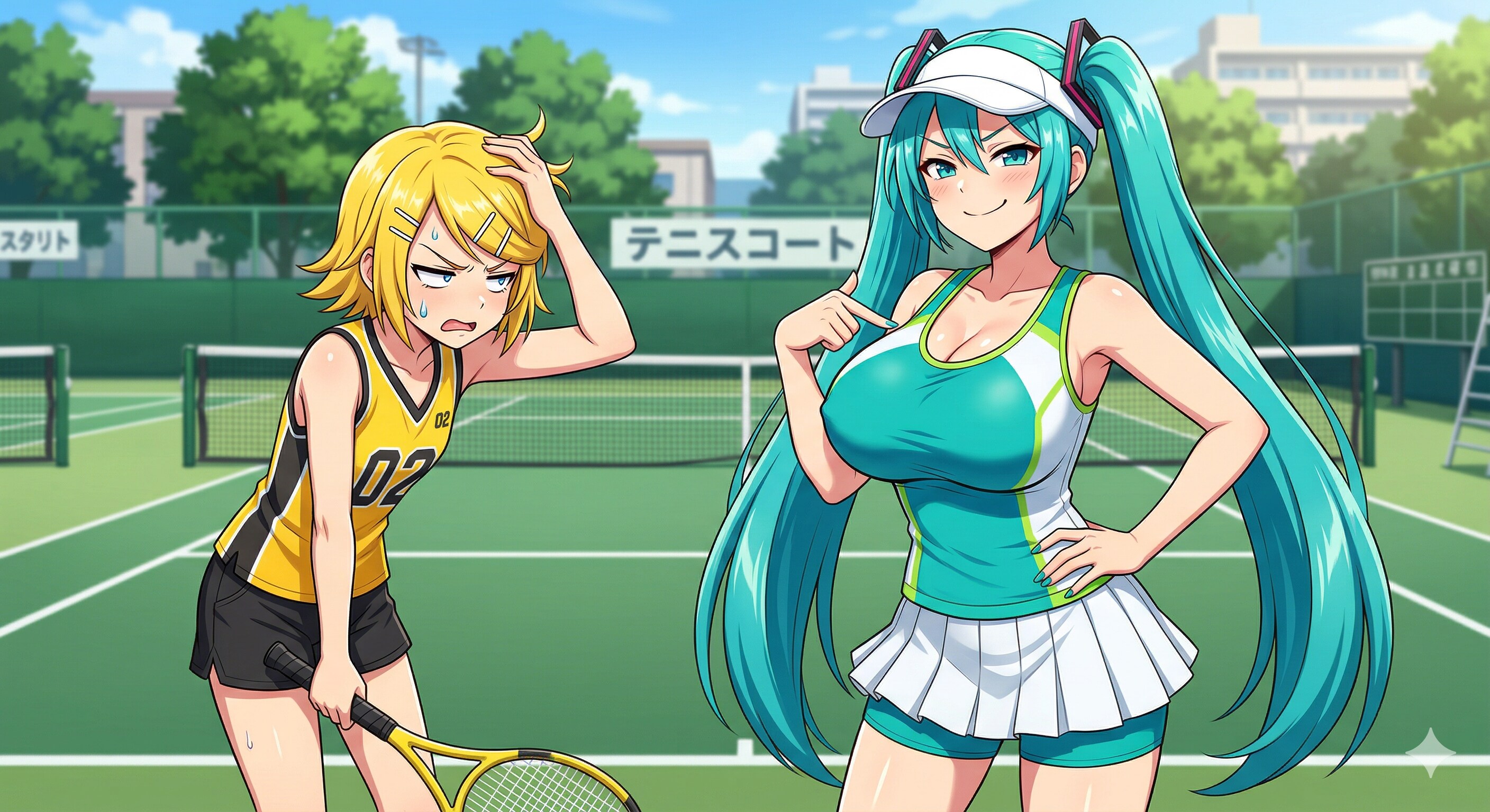 テニスコートでドヤ顔ミクさん