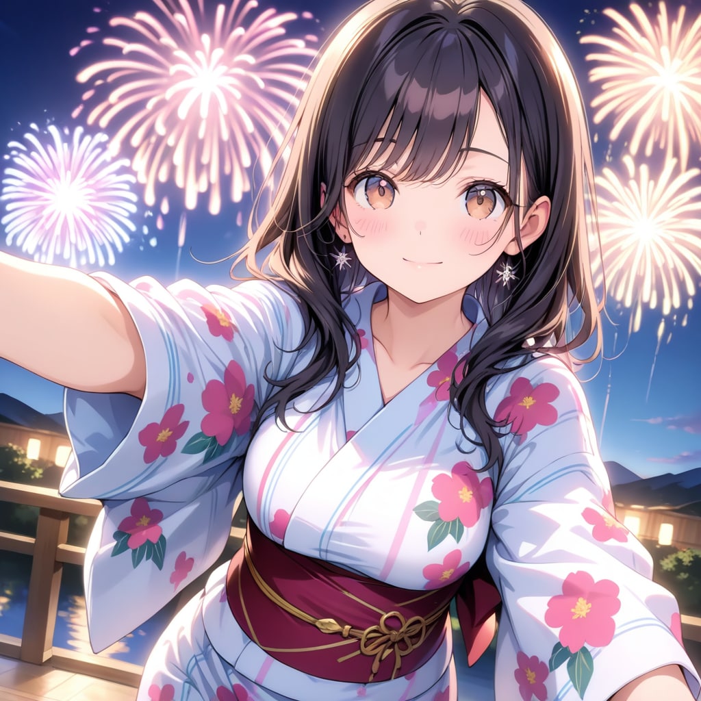 花火を背景に自撮りする少女