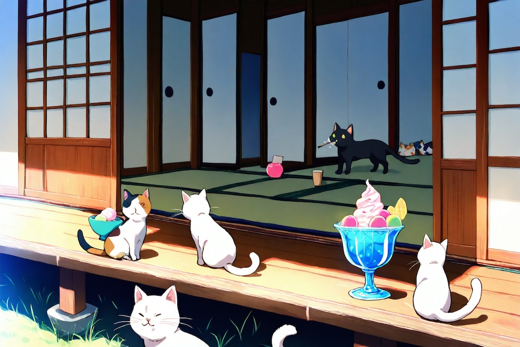 猫と縁側とかき氷