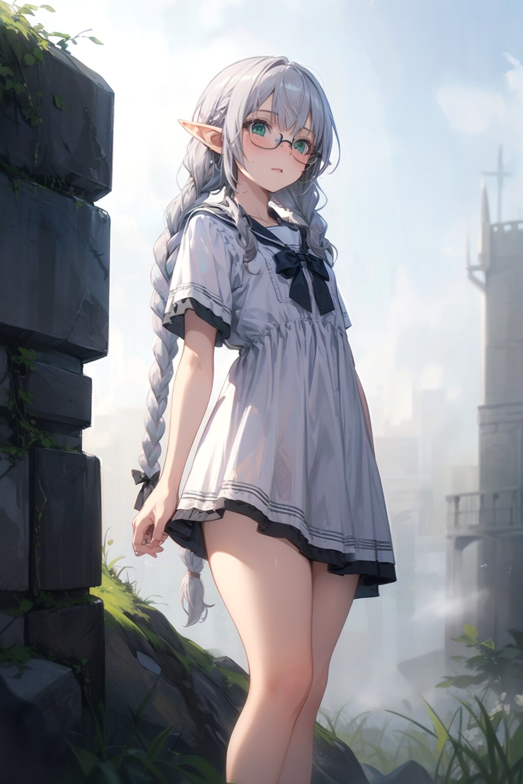 眼鏡三つ編みエルフ | の人気AIイラスト・グラビア