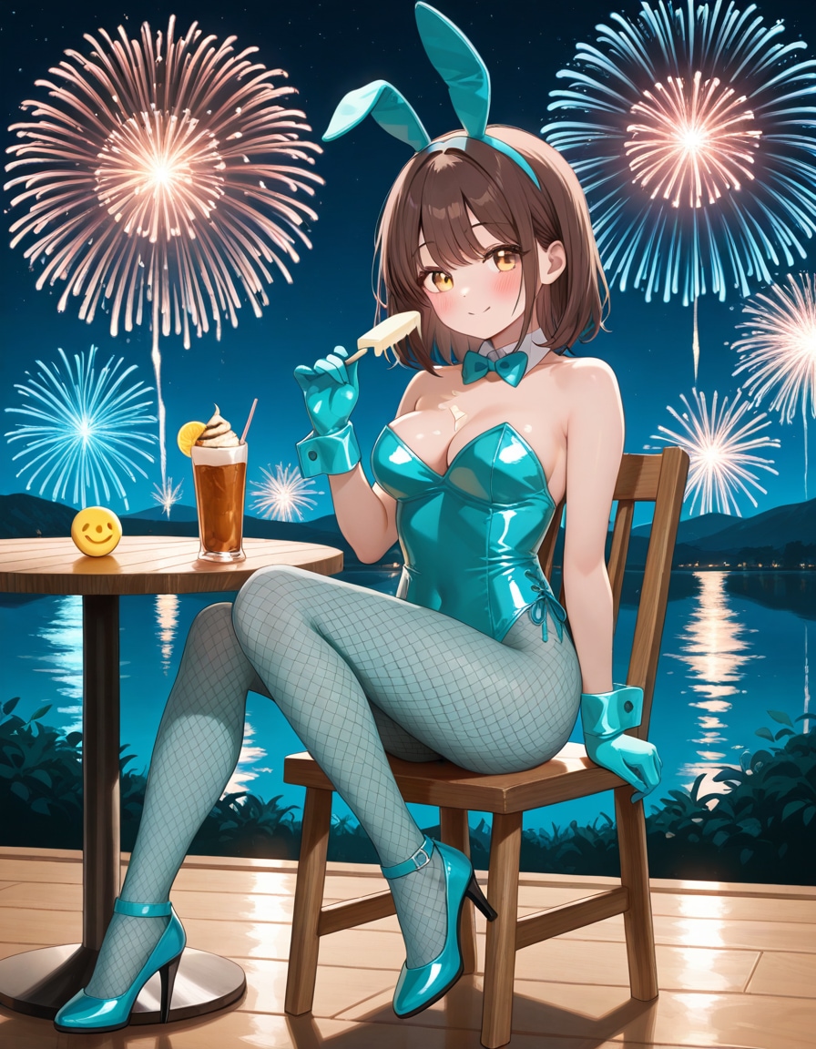 バニーガール衣装の心実さんと花火