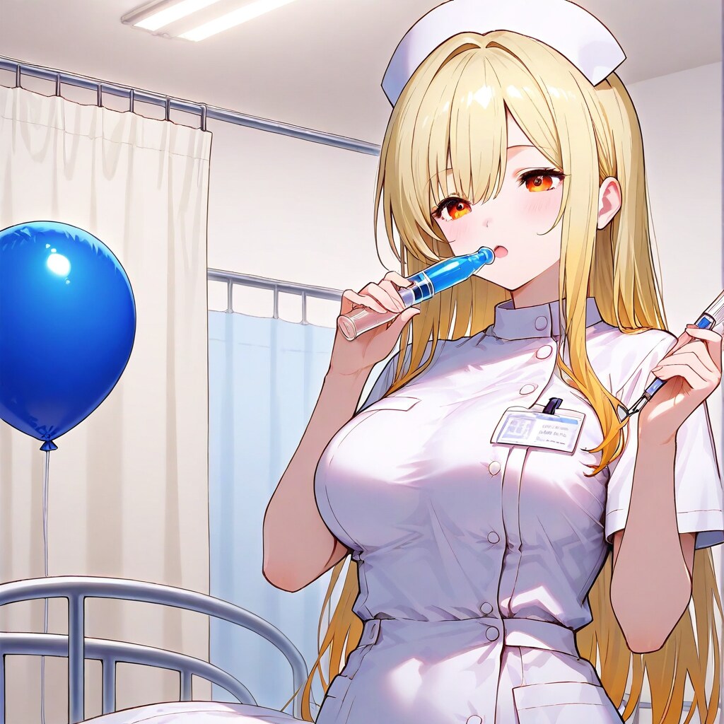 病室で青い風船を膨らませて遊ぶナース服の美女 | の人気AIイラスト・グラビア