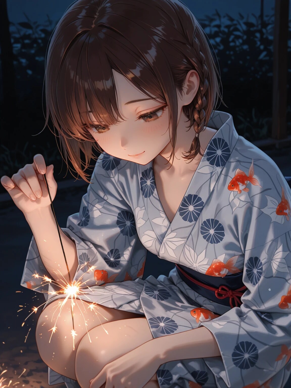 浴衣で線香花火