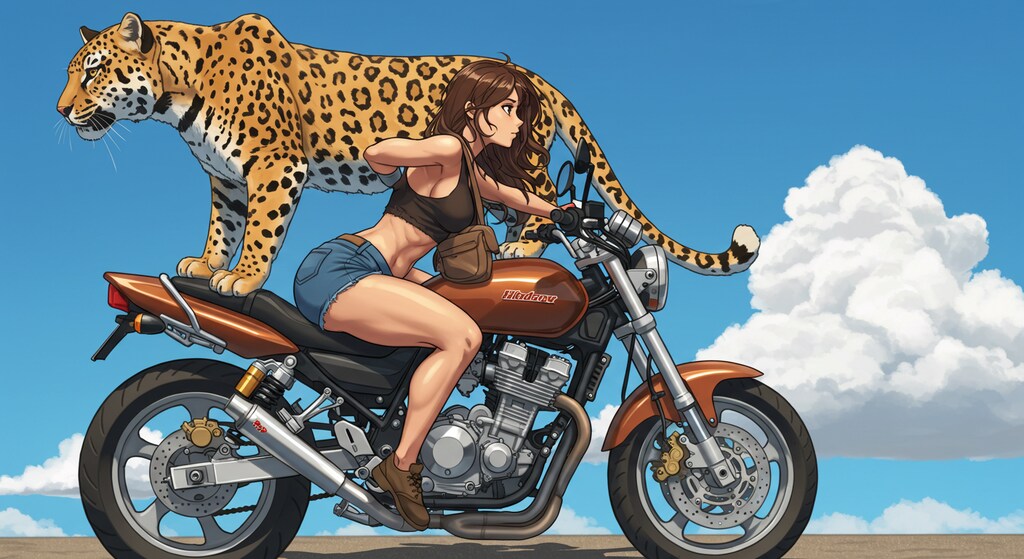 ヒョウとバイクに乗る_Dalle