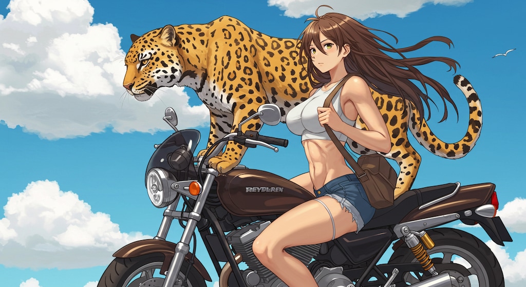 ヒョウとバイクに乗る_Dalle
