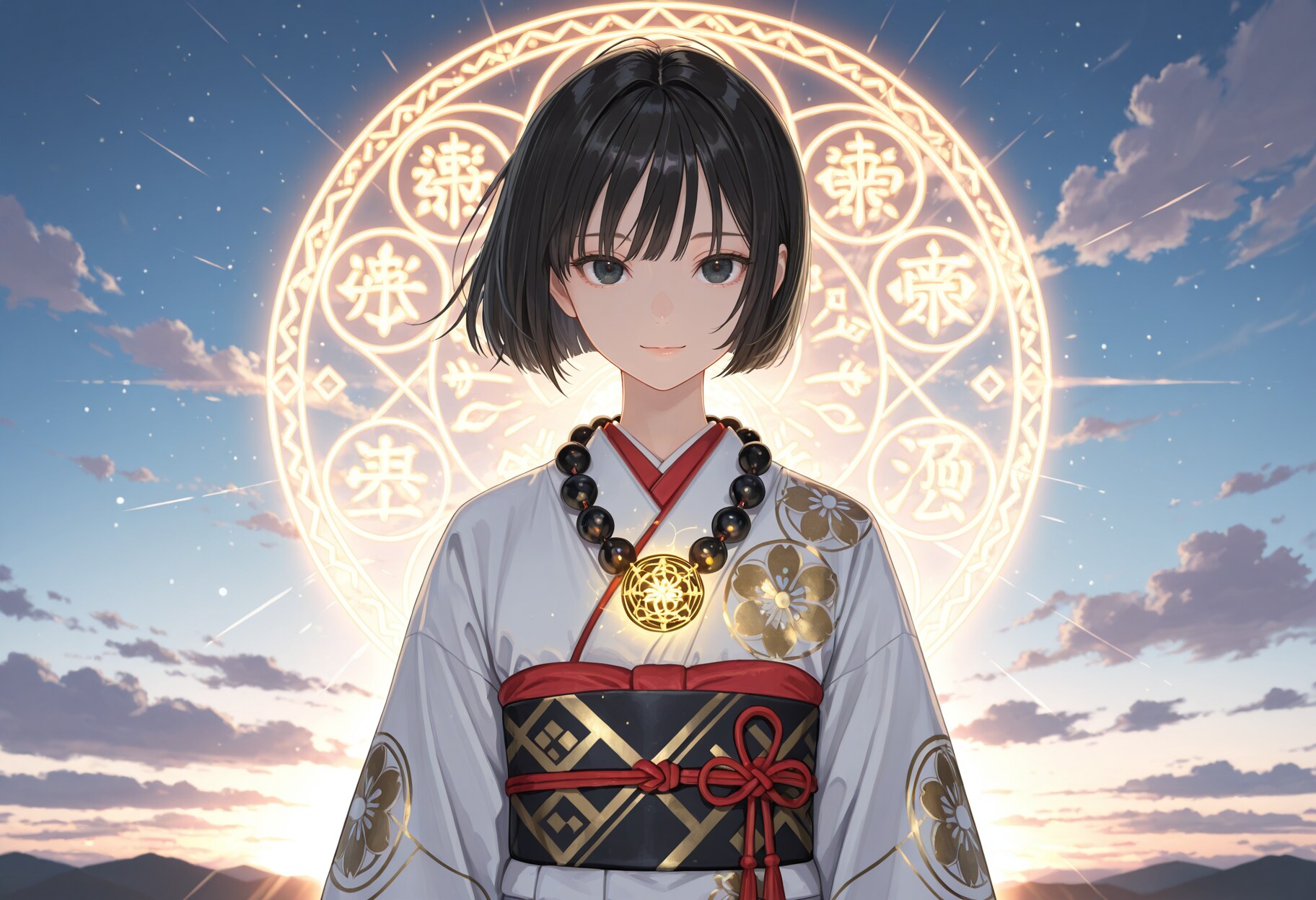 朝日と後光と白い着物姿の僧侶さん | の人気AIイラスト・グラビア