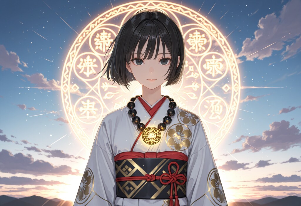 朝日と後光と白い着物姿の僧侶さん