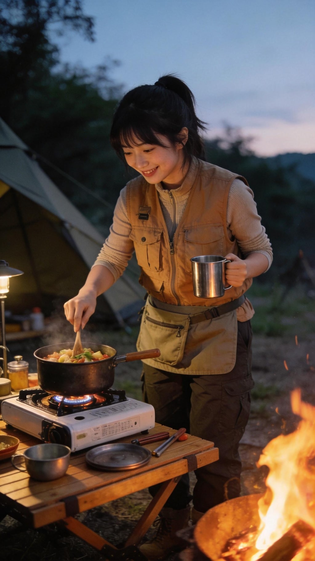 Campfire Preparations at Dusk