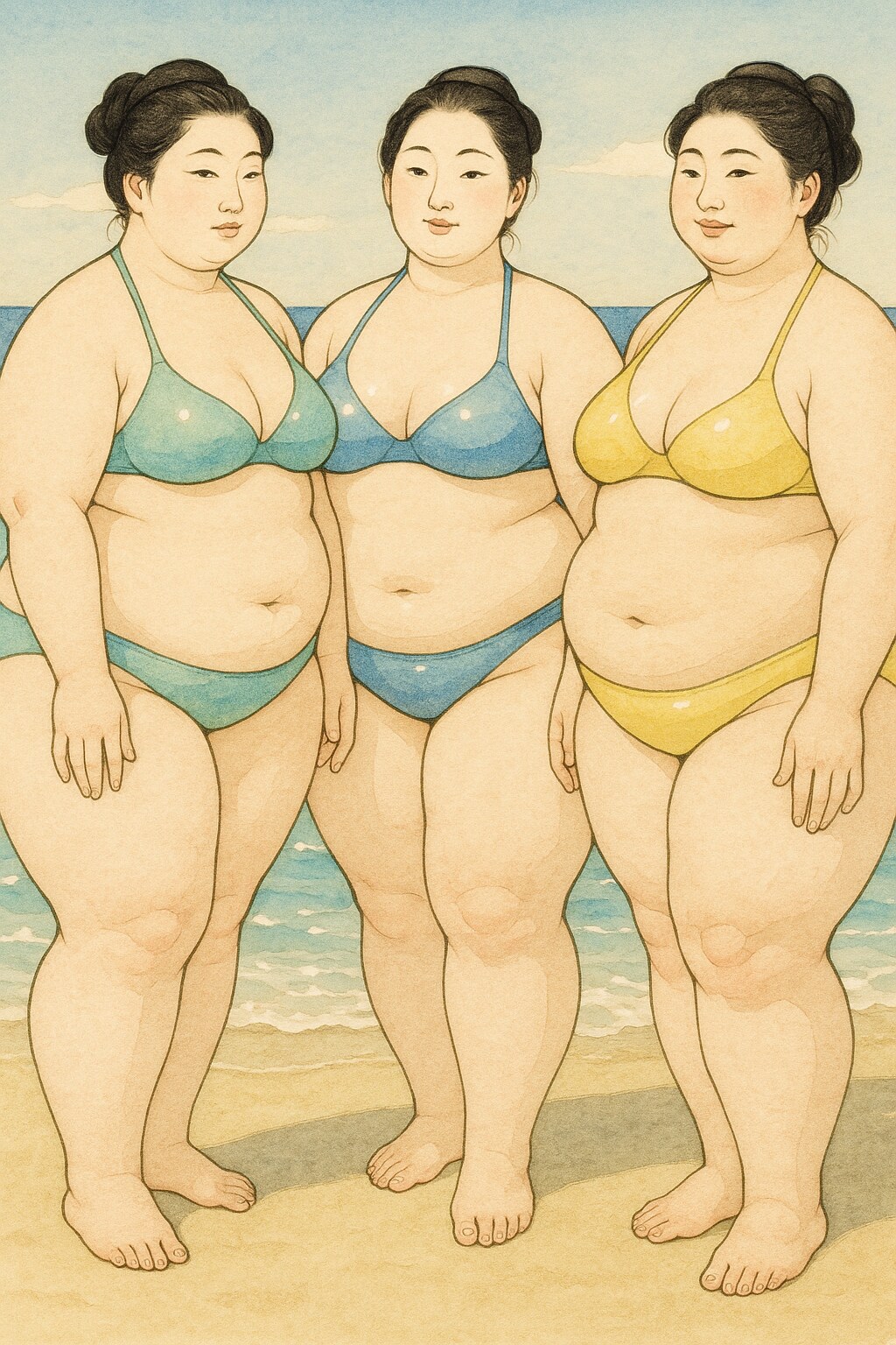 浮世絵風の水彩画-ぽっちゃり女子編-