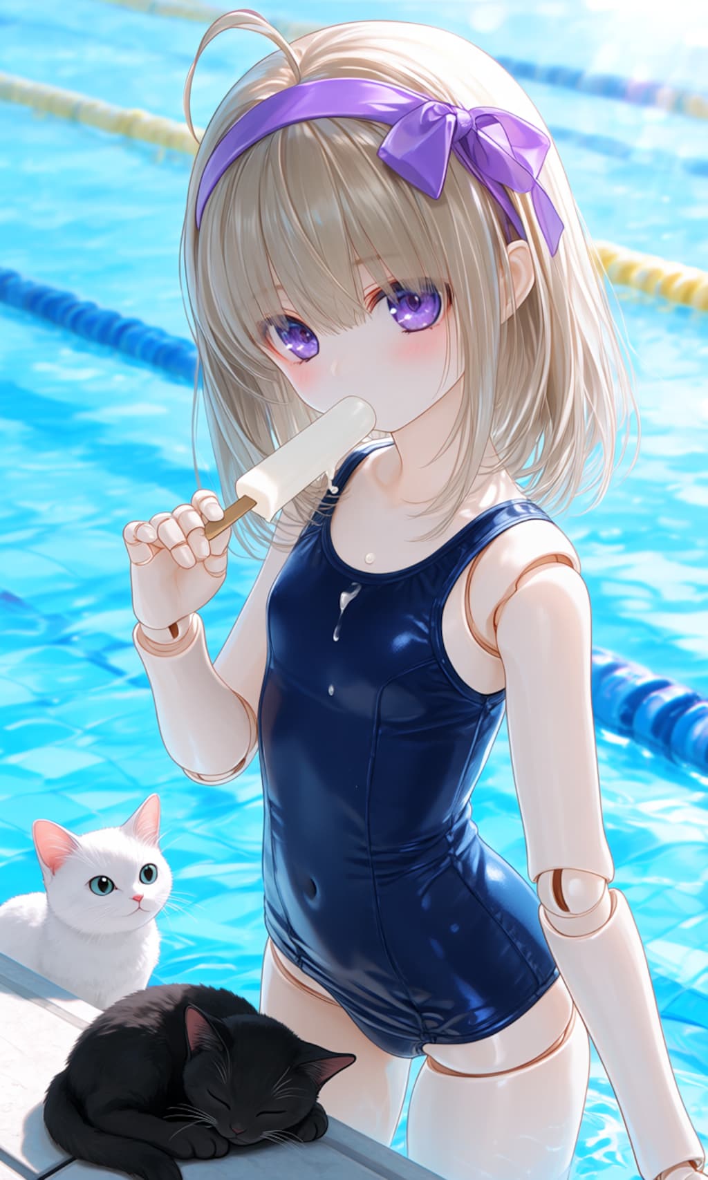 異世界制服少女達　スク水と黒猫🐈‍⬛と白猫　アクリルドールフィギュア