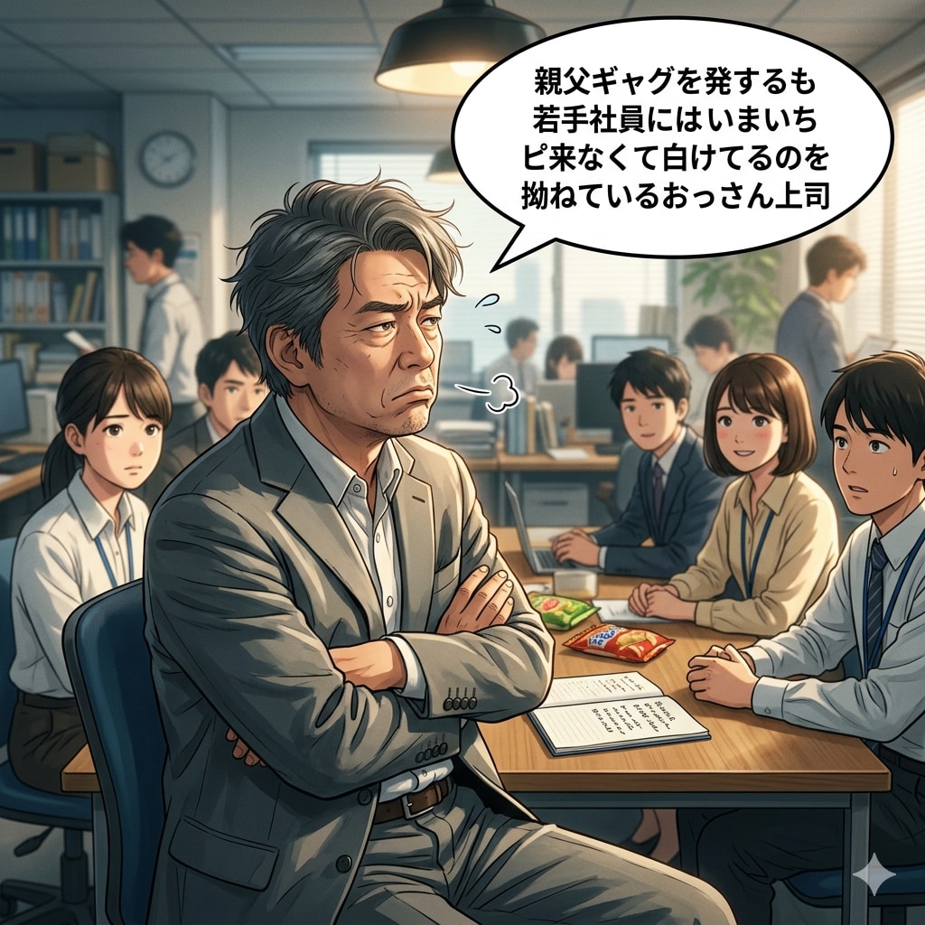 親父ギャグを発するも若手社員にはいまいちピンとと来なくて白けてるのを拗ねているおっさん上司