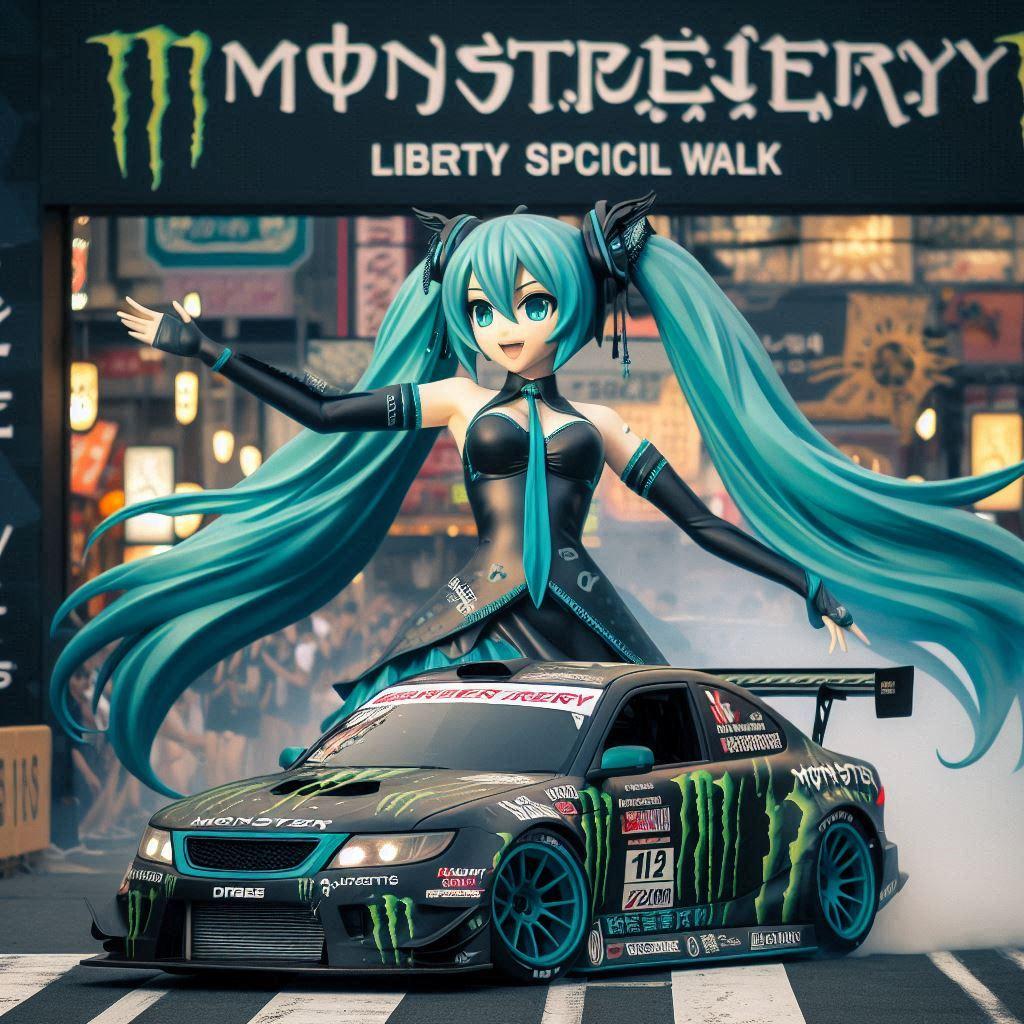 モンスターエナジーリバティーウォークサーブクーペのドリ車と初音ミク | の人気AIイラスト・グラビア